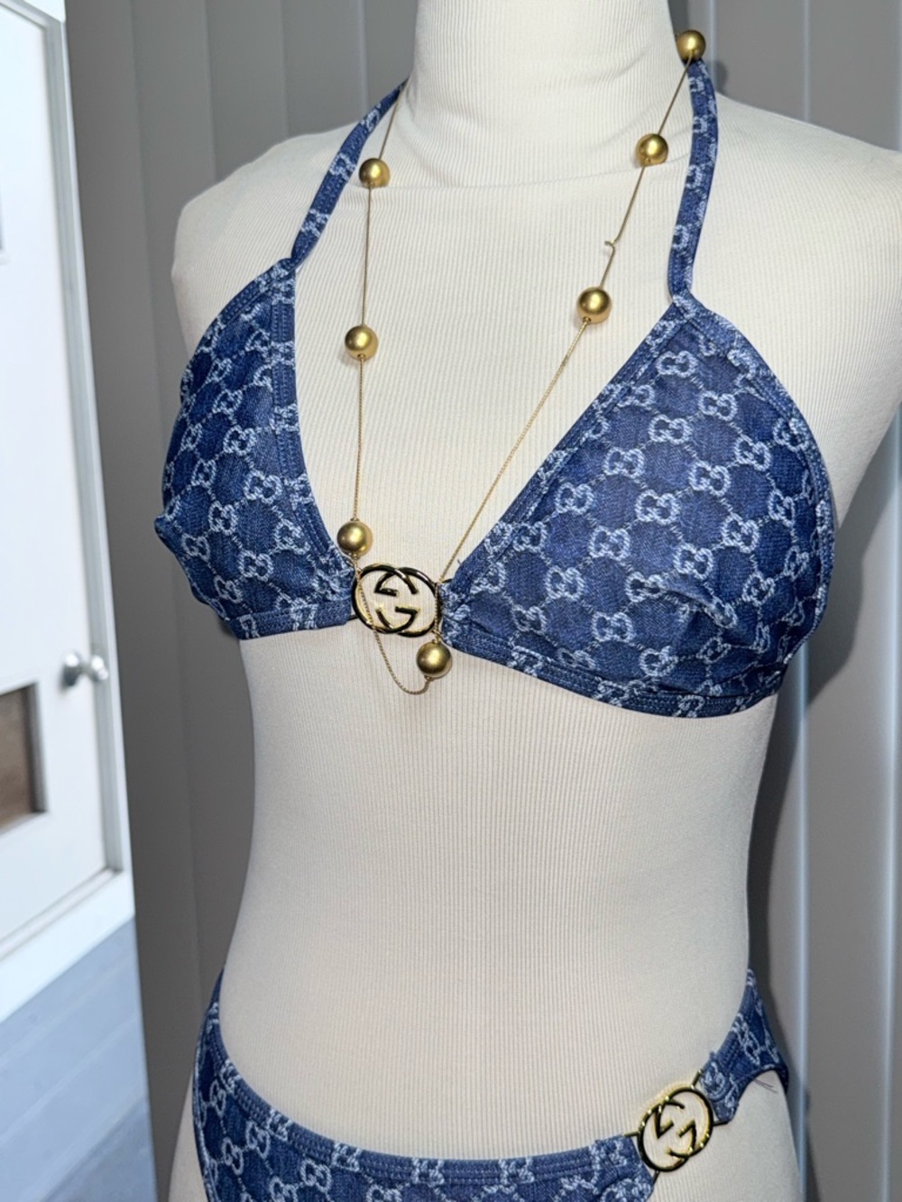 Gucci Blue Monogram Triangle Bikini with Gold Hardware - Picture 4 of 6